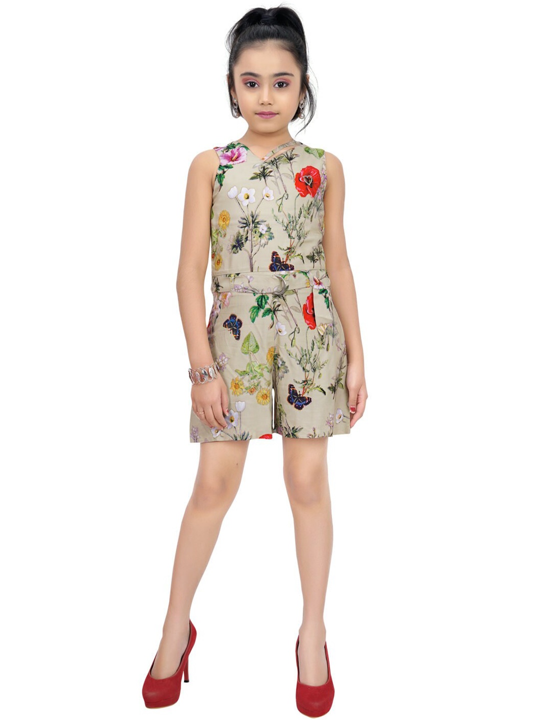 

Tiny Girl Girls Beige & Red Printed Playsuit