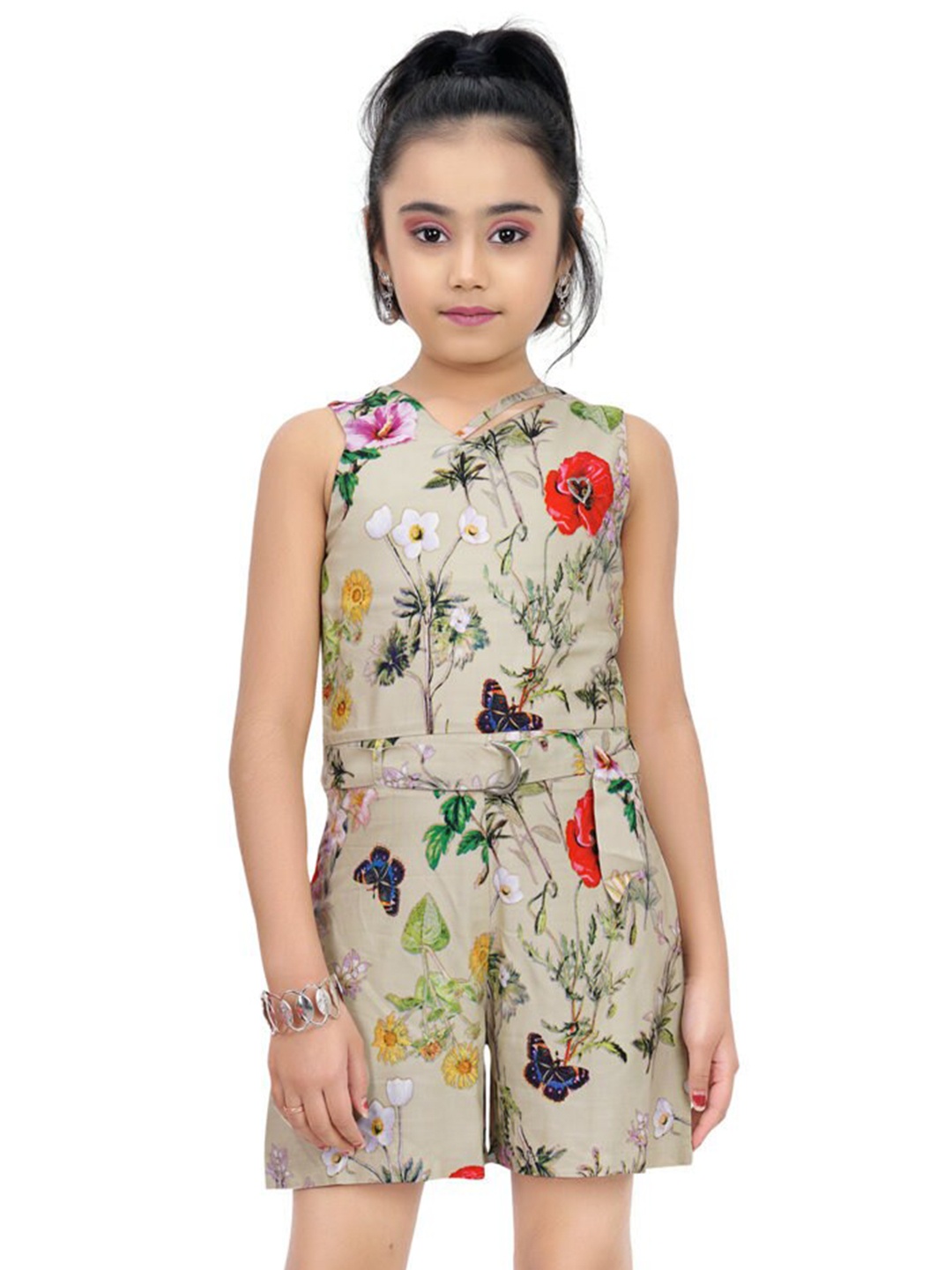 

Tiny Girl Girls Beige & Green Floral Printed Playsuit