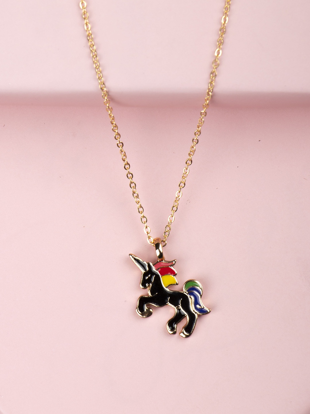 Arendelle Gold-Toned Black Enameled Unicorn Pendant With Chain