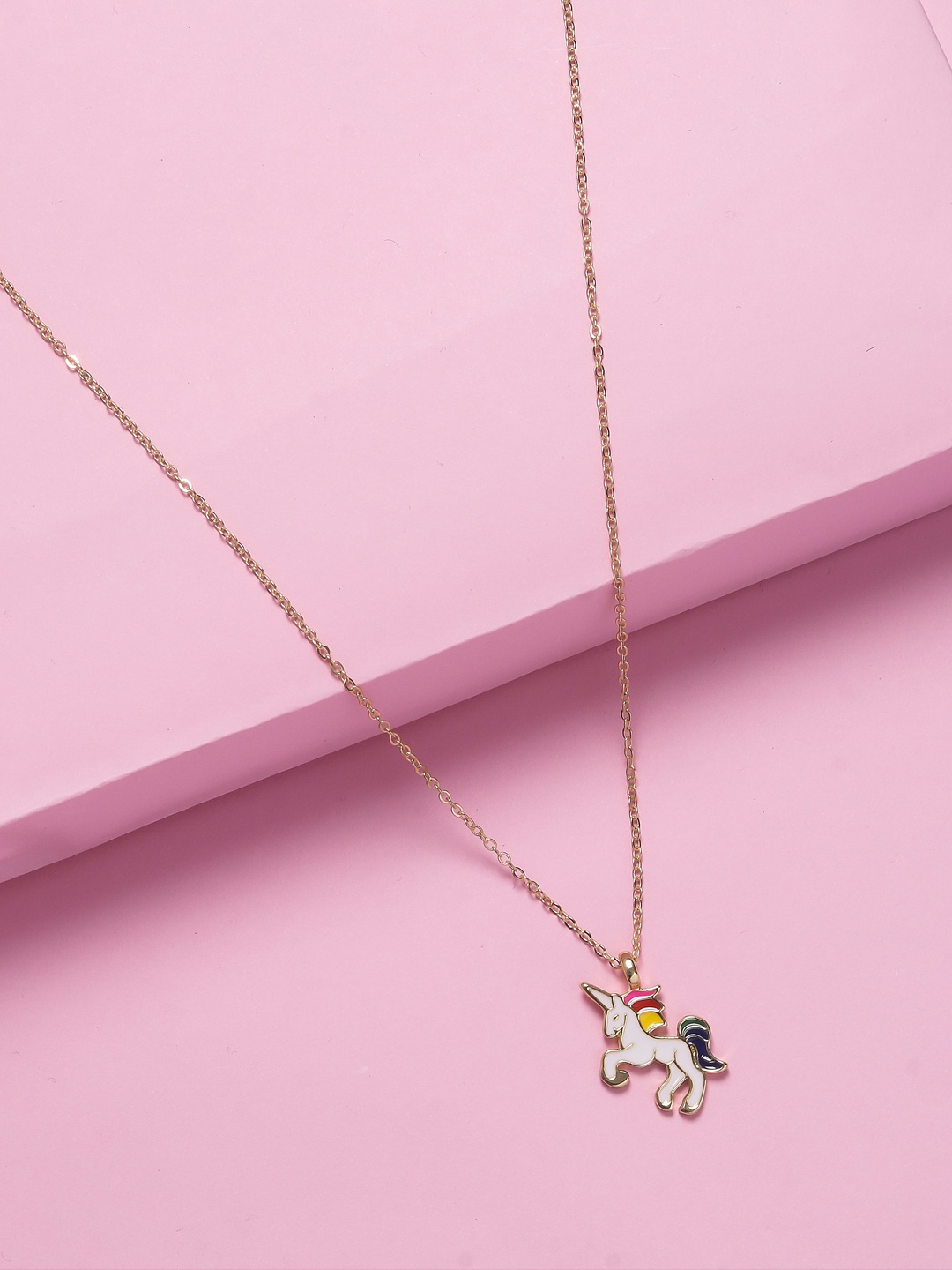 Arendelle Gold-Toned & White Enamelled Unicorn Charm Pendant With Chain