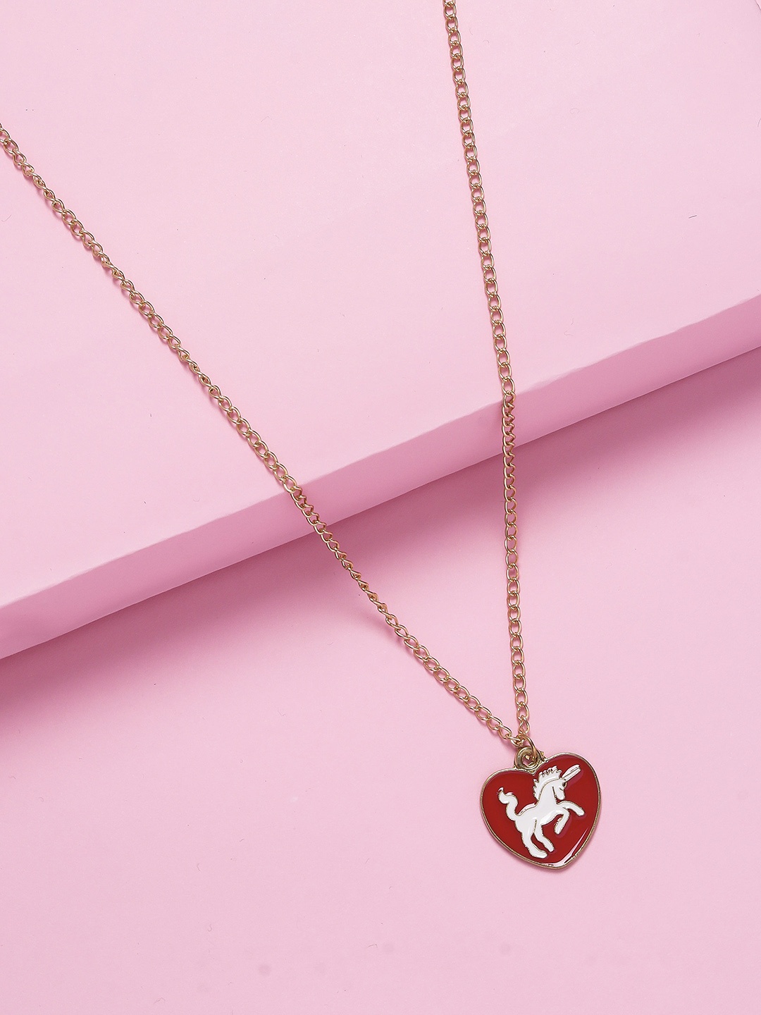 Arendelle Gold-Toned White & Red Enameled Unicorn Pendant With Chain