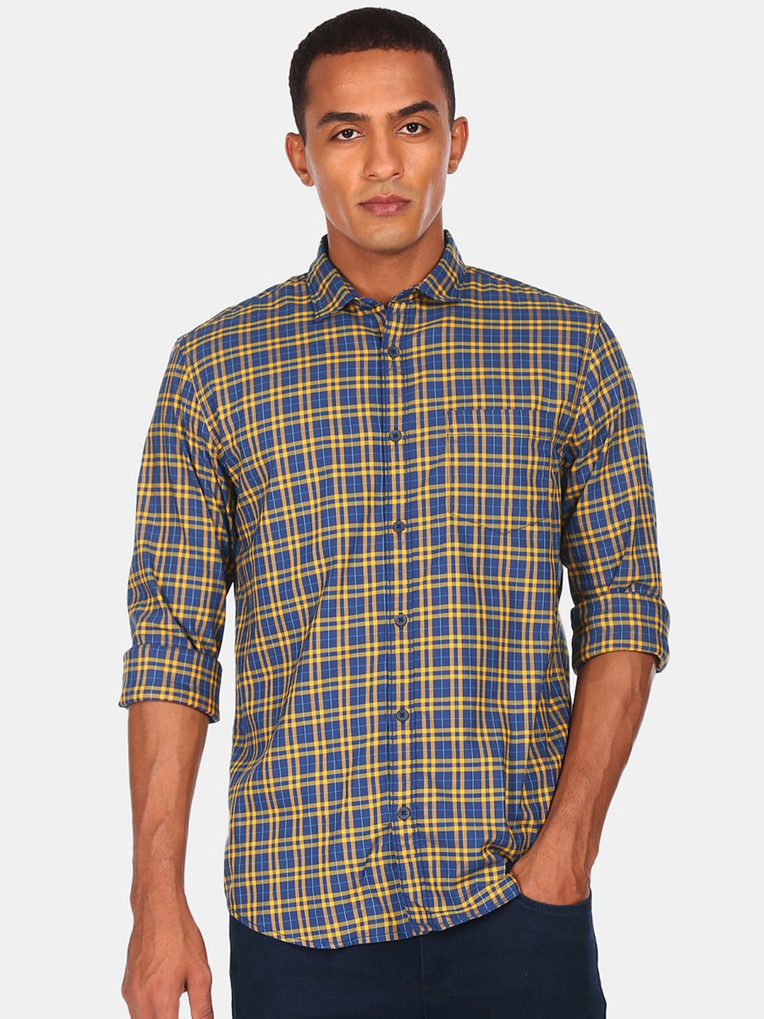 

Ruggers Men Navy Blue & Mustard Checked Casual Shirt