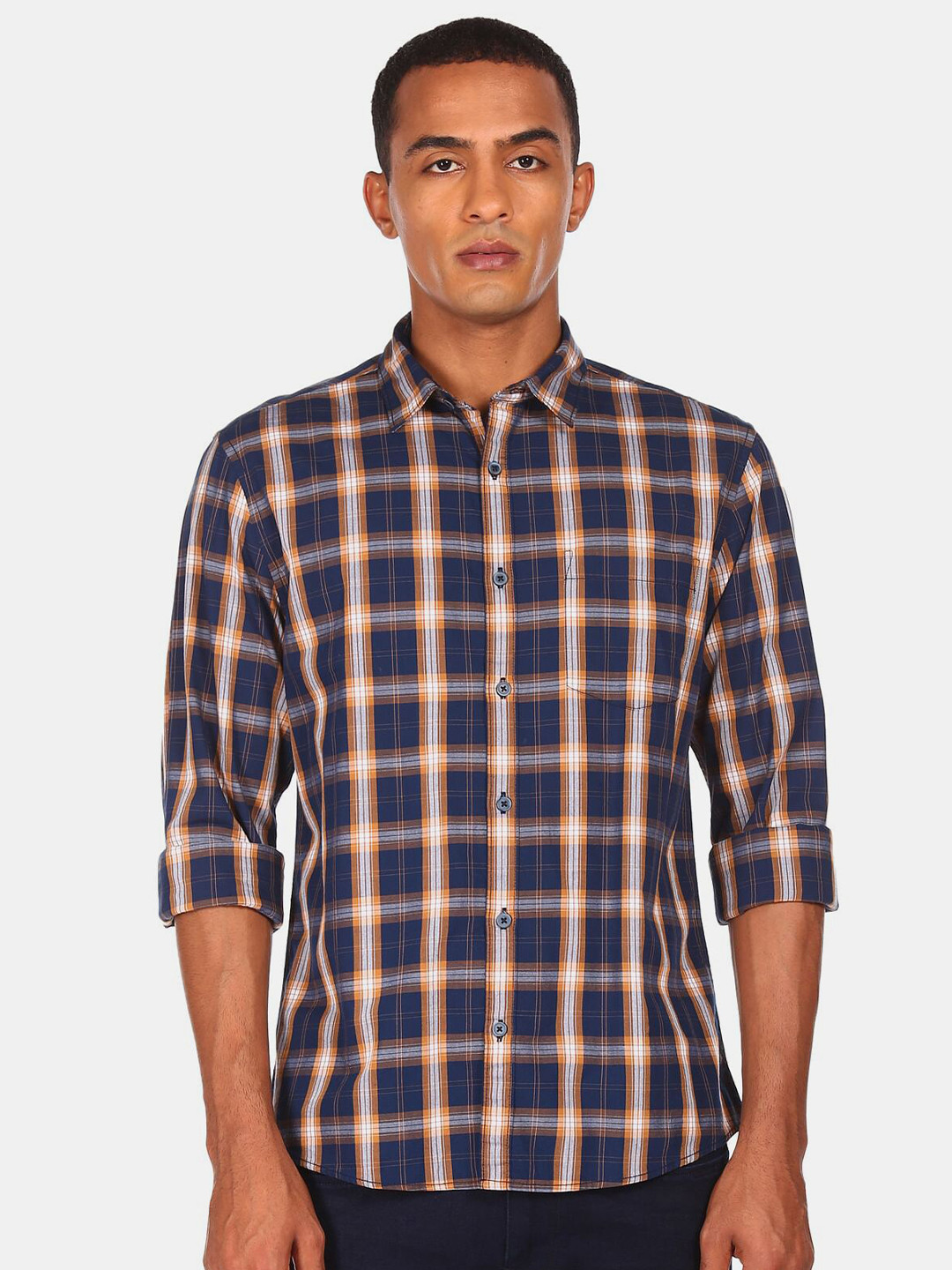 

Ruggers Men Navy Blue & Orange Tartan Checks Casual Shirt