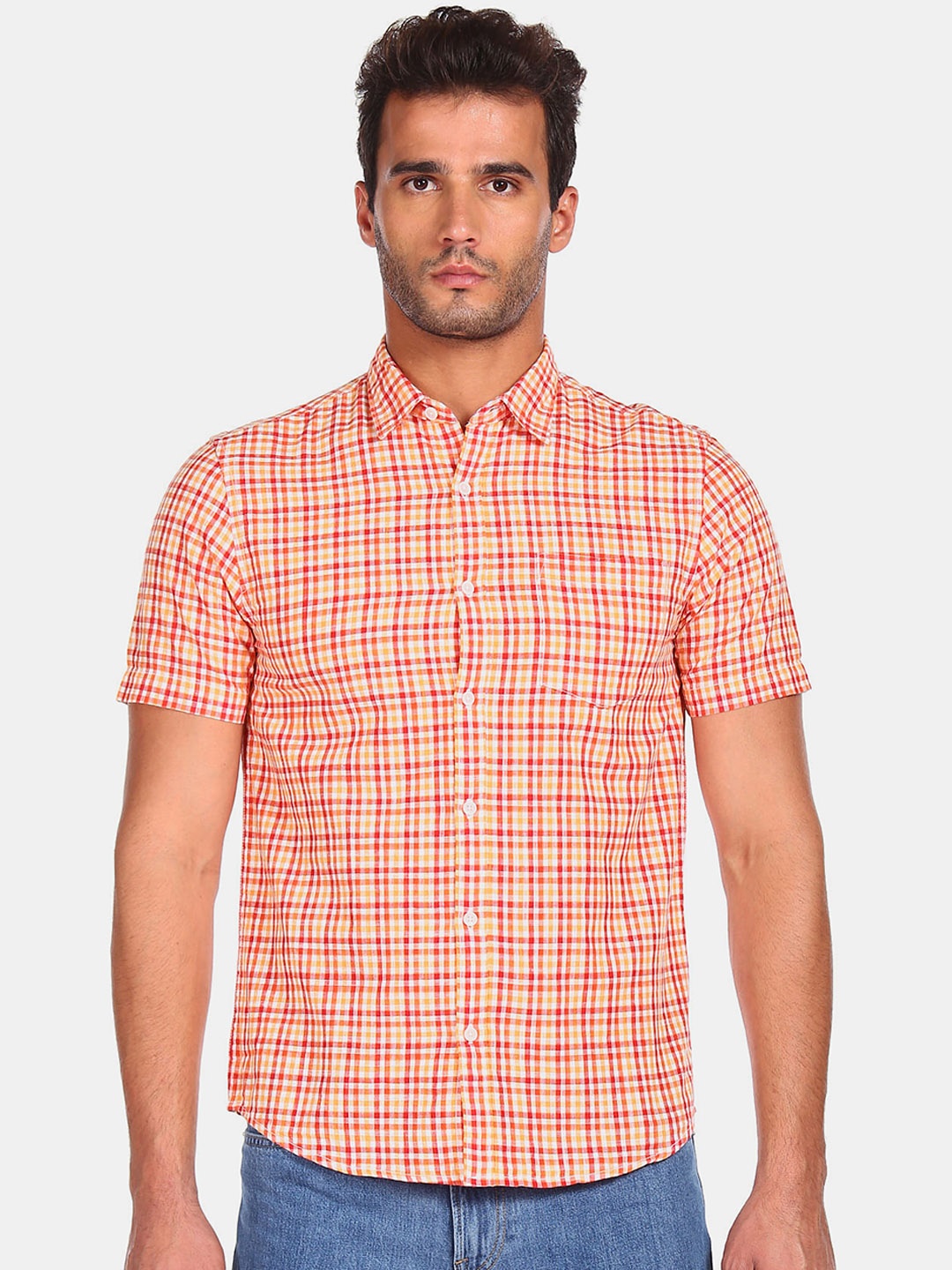 

Ruggers Men Orange Checked Cotton Casual Shirt