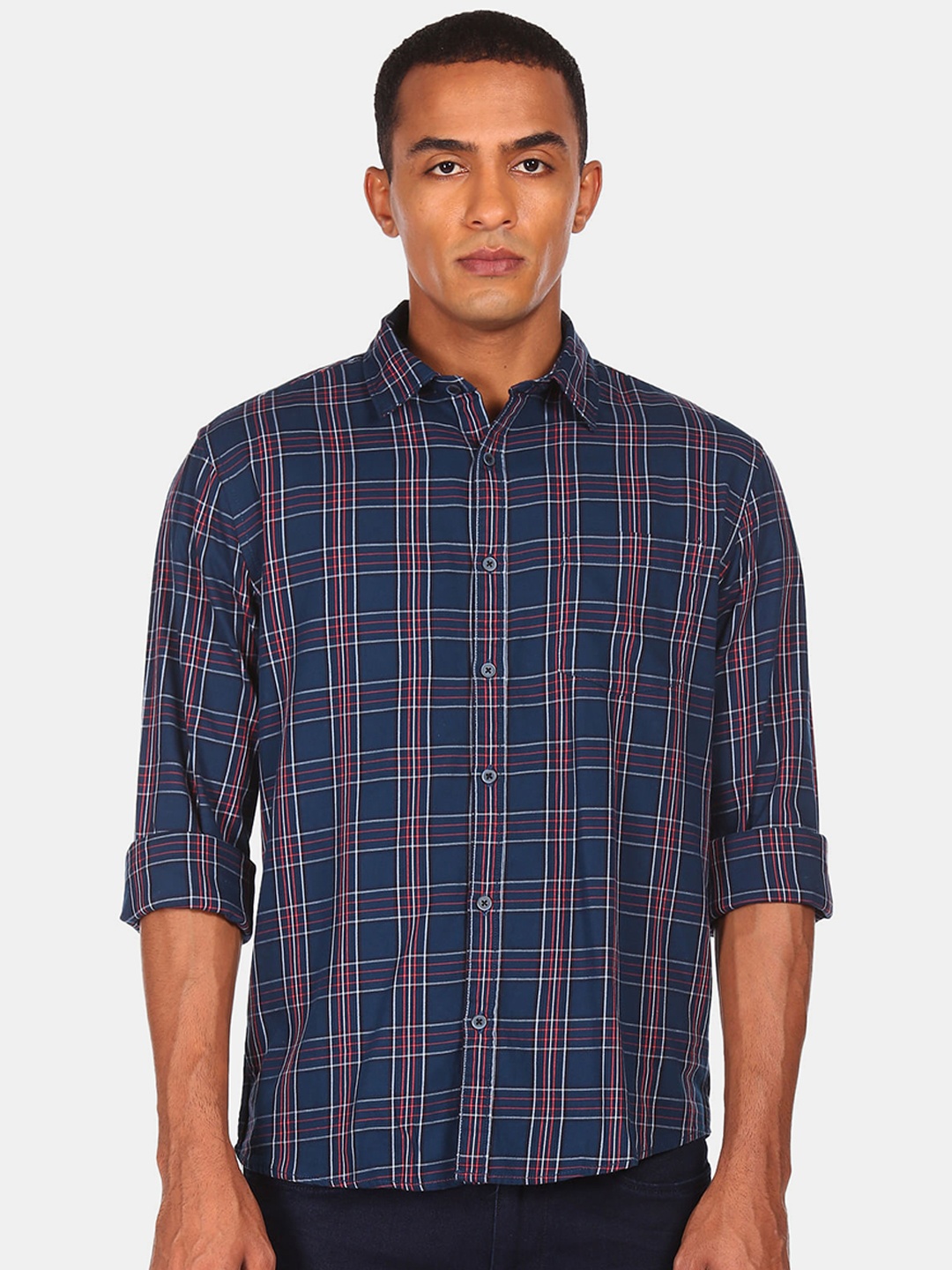 

Ruggers Men Blue & Red Tartan Checks Checked Pure Cotton Casual Shirt