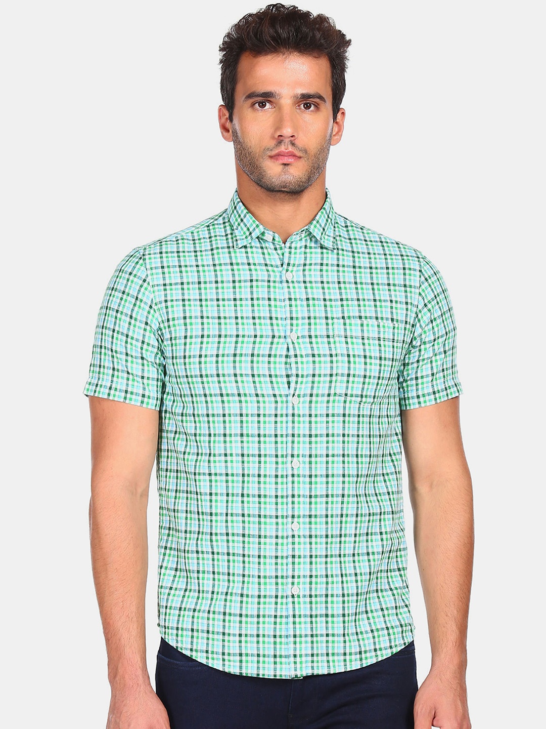 

Ruggers Men Green Regular Fit Checked Cotton Casual Shirt