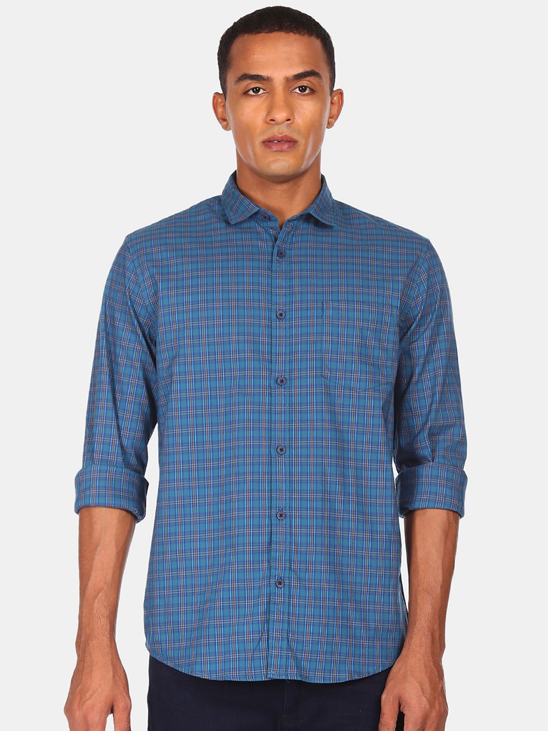 

Ruggers Men Blue Checked Regular Fit Casual Shirt