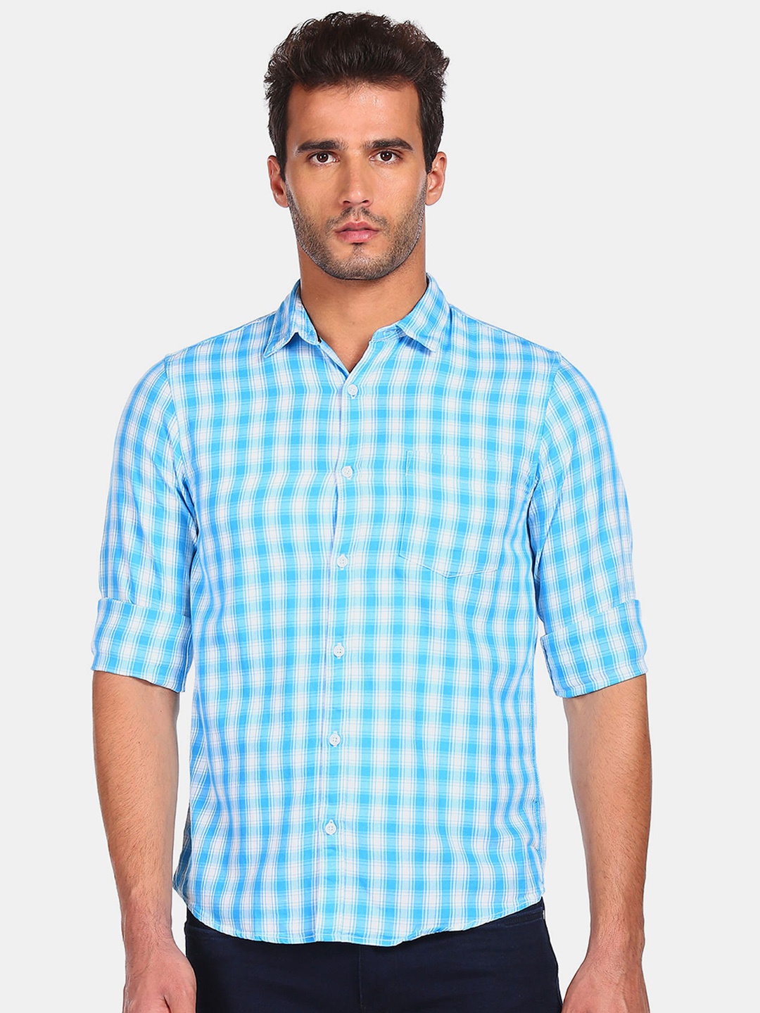 

Ruggers Men Blue Gingham Checks Regular Fit Casual Shirt