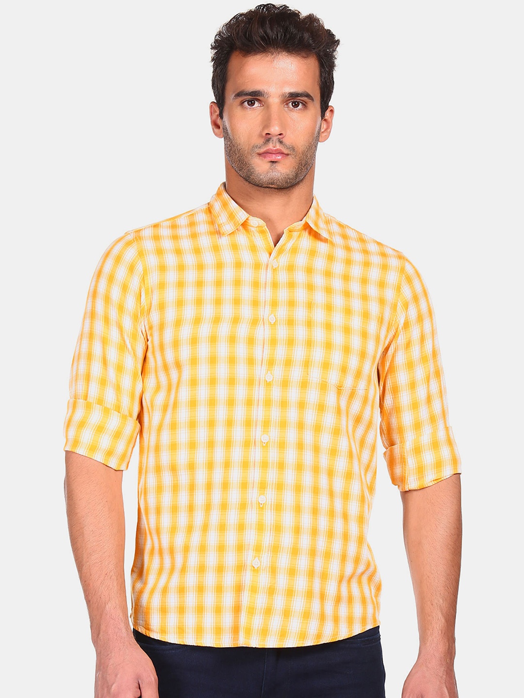 

Ruggers Men Yellow Checked Cotton Casual Shirt