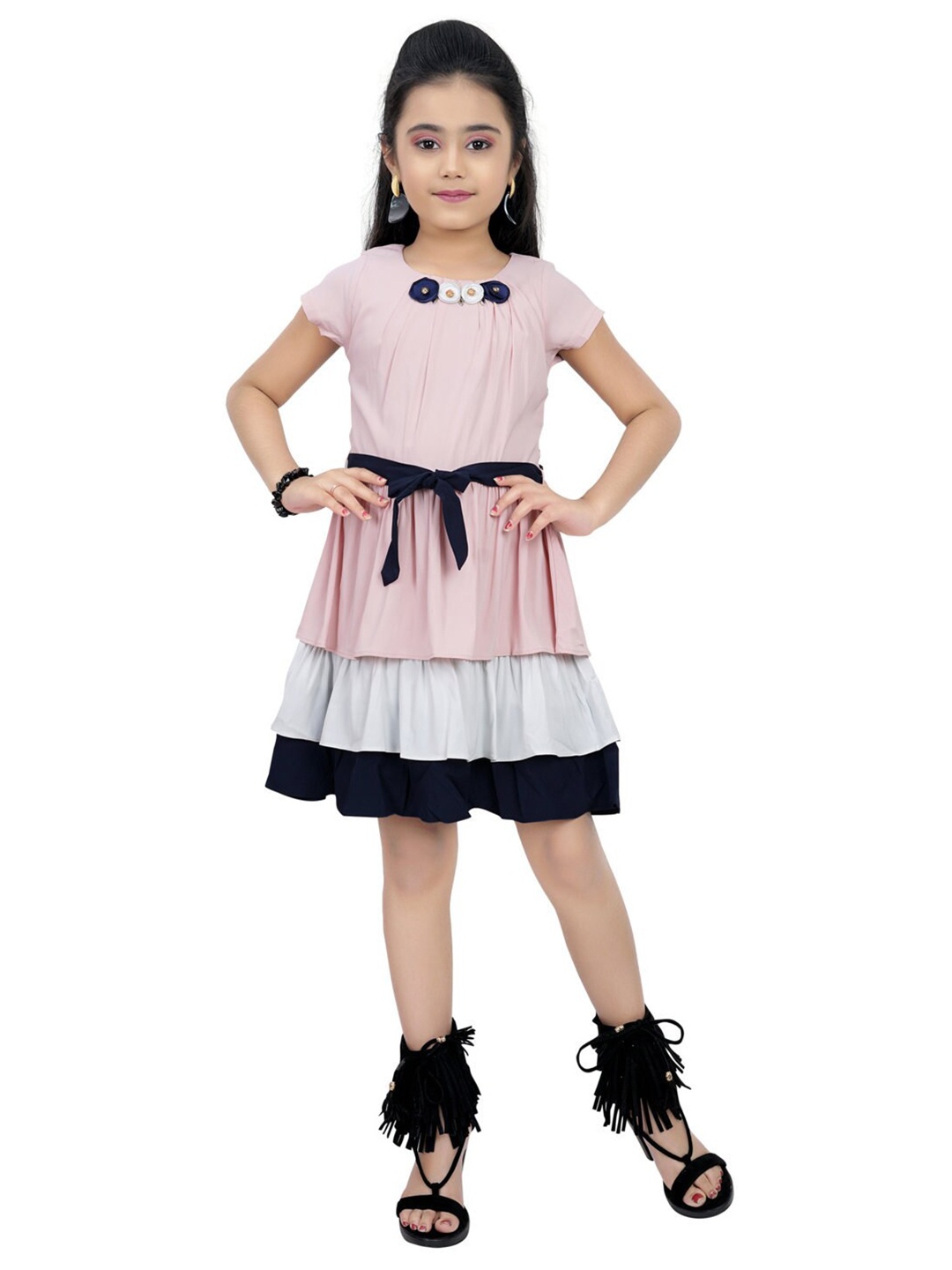 

Tiny Girl Girls Pink & White Colourblocked Belted Dress