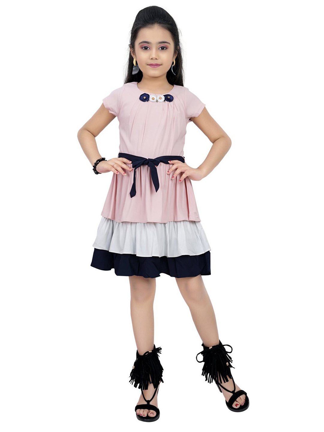 

Tiny Girl Girls Pink & White Colourblocked Belted Dress