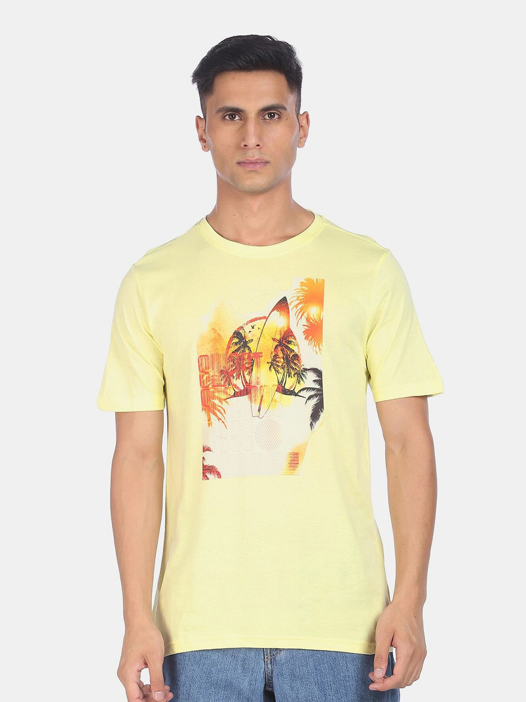 

Colt Men Yellow Graphic Printed Regular Fit Pure Cotton T-shirt