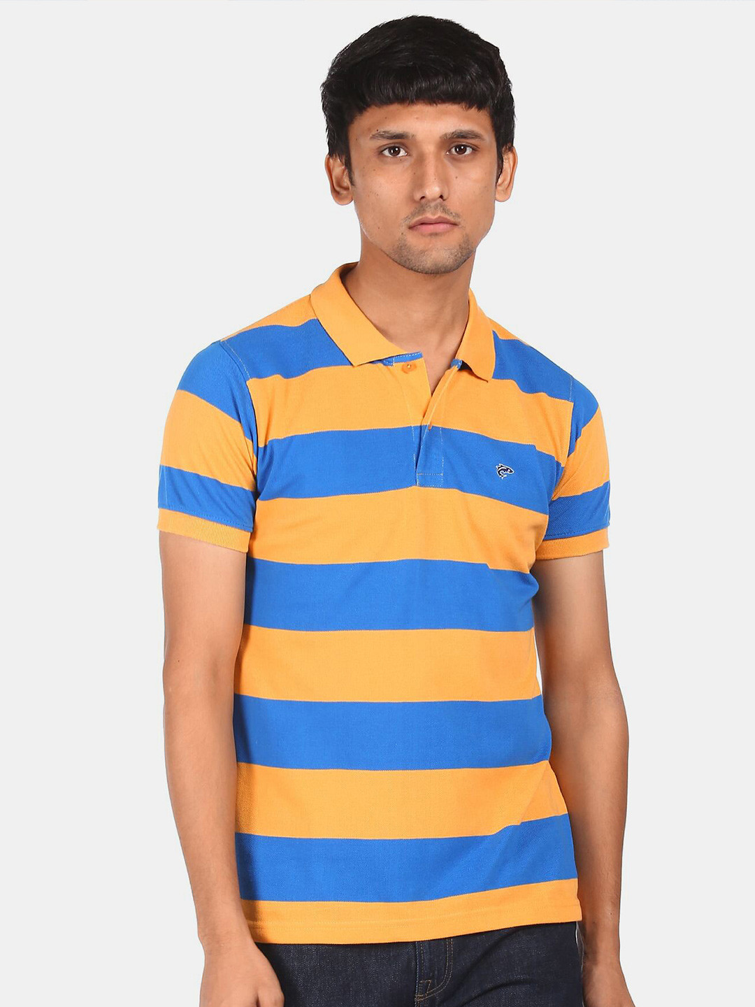 

Ruggers Men Orange & Blue Striped Polo Collar T-shirt