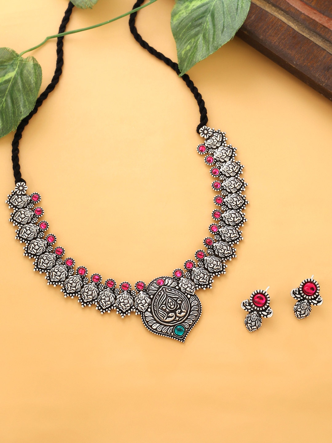 

Yellow Chimes Pink Silver-Plated Oxidised Stone-Studded Jewellery Set