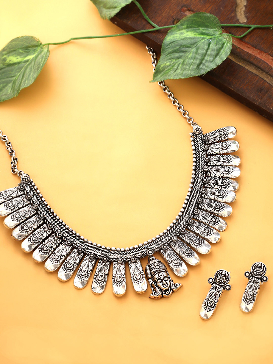 

Yellow Chimes Woman Silver Oxidised Kolhapuri Work Handmade Durga Ma Choker Necklace Set