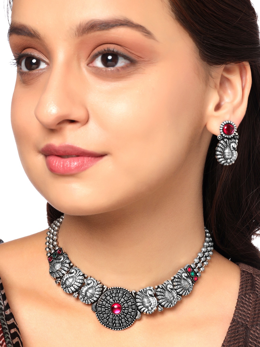 

Yellow Chimes Oxidised Silver-Plated Pink Stone-Studded Beaded Jewellery Set