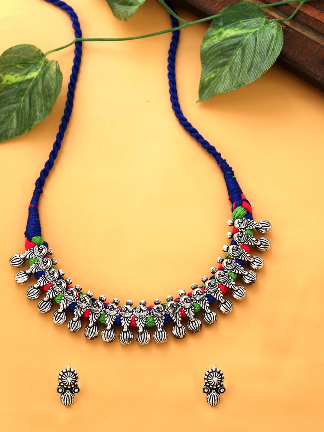 

Yellow Chimes Silver Plated & Green Oxidised Necklace Set