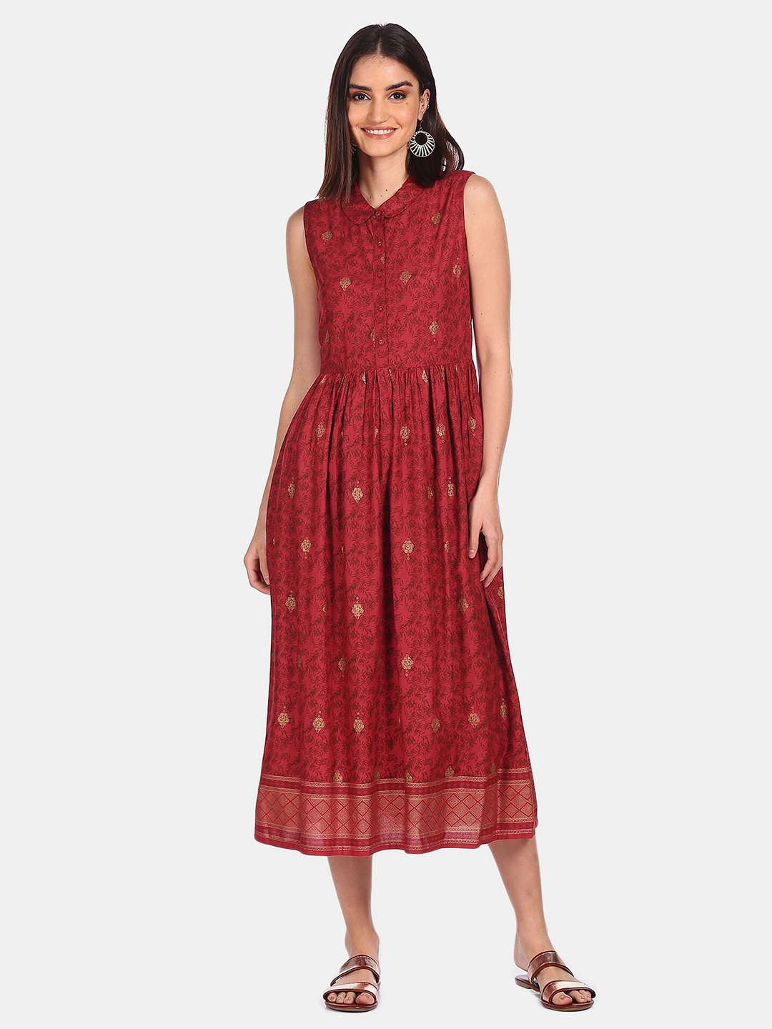 

Karigari Maroon & Gold-Toned Ethnic Motifs Ethnic A-Line Midi Dress