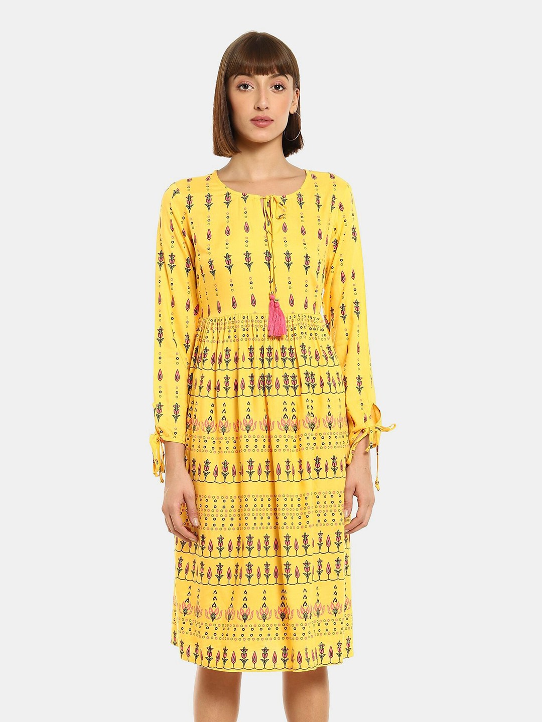 

Karigari Yellow & Brown Ethnic Motifs Printed A-Line Dress