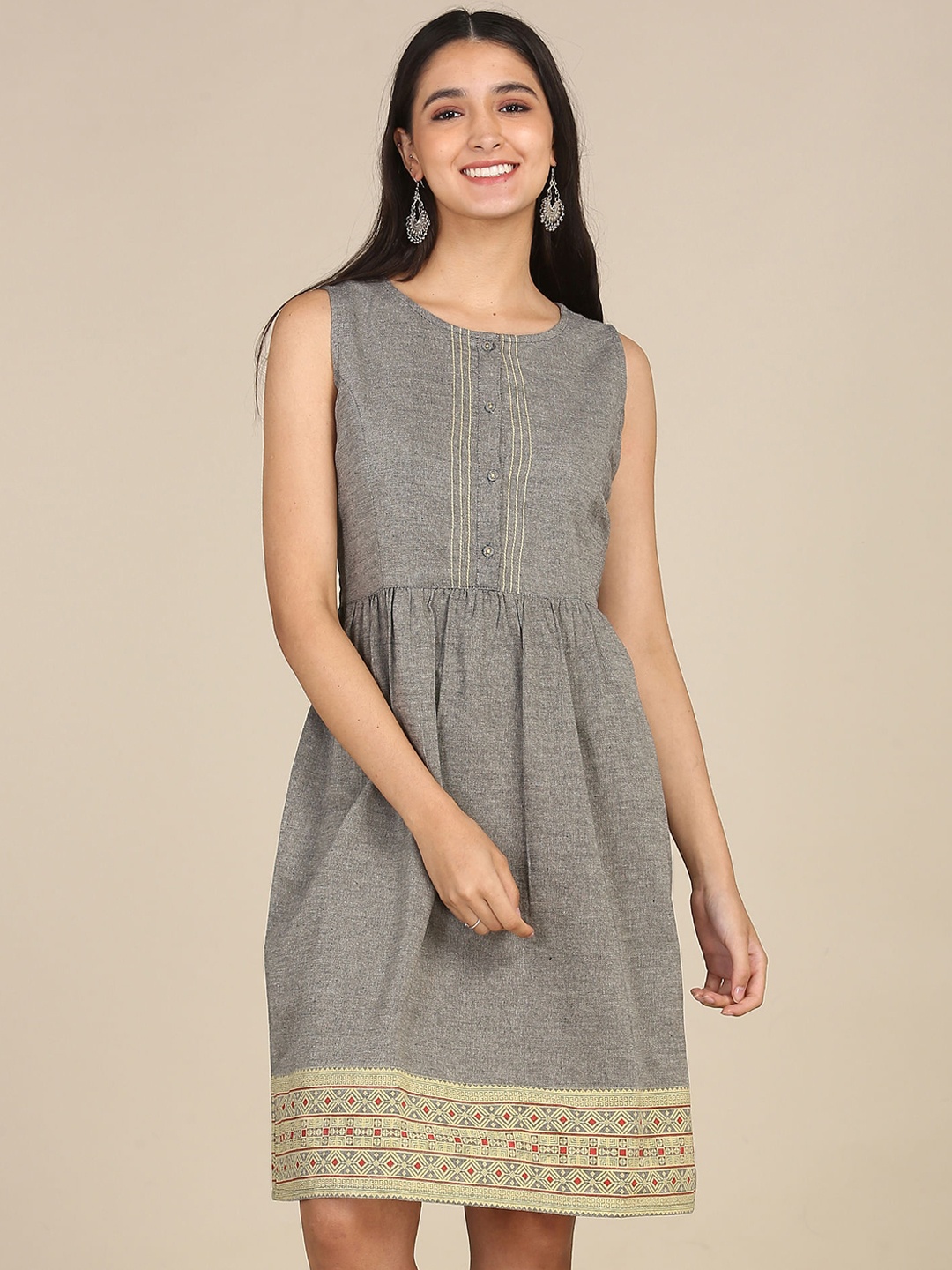 

Karigari Grey Printed Cotton Fit & Flare Dress