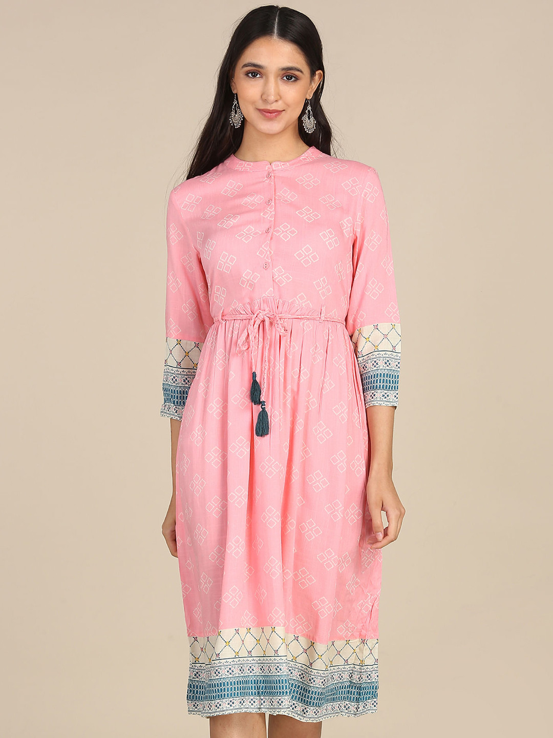 

Karigari Pink & White Geometric Printed Ethnic Fit & Flare Midi Dress