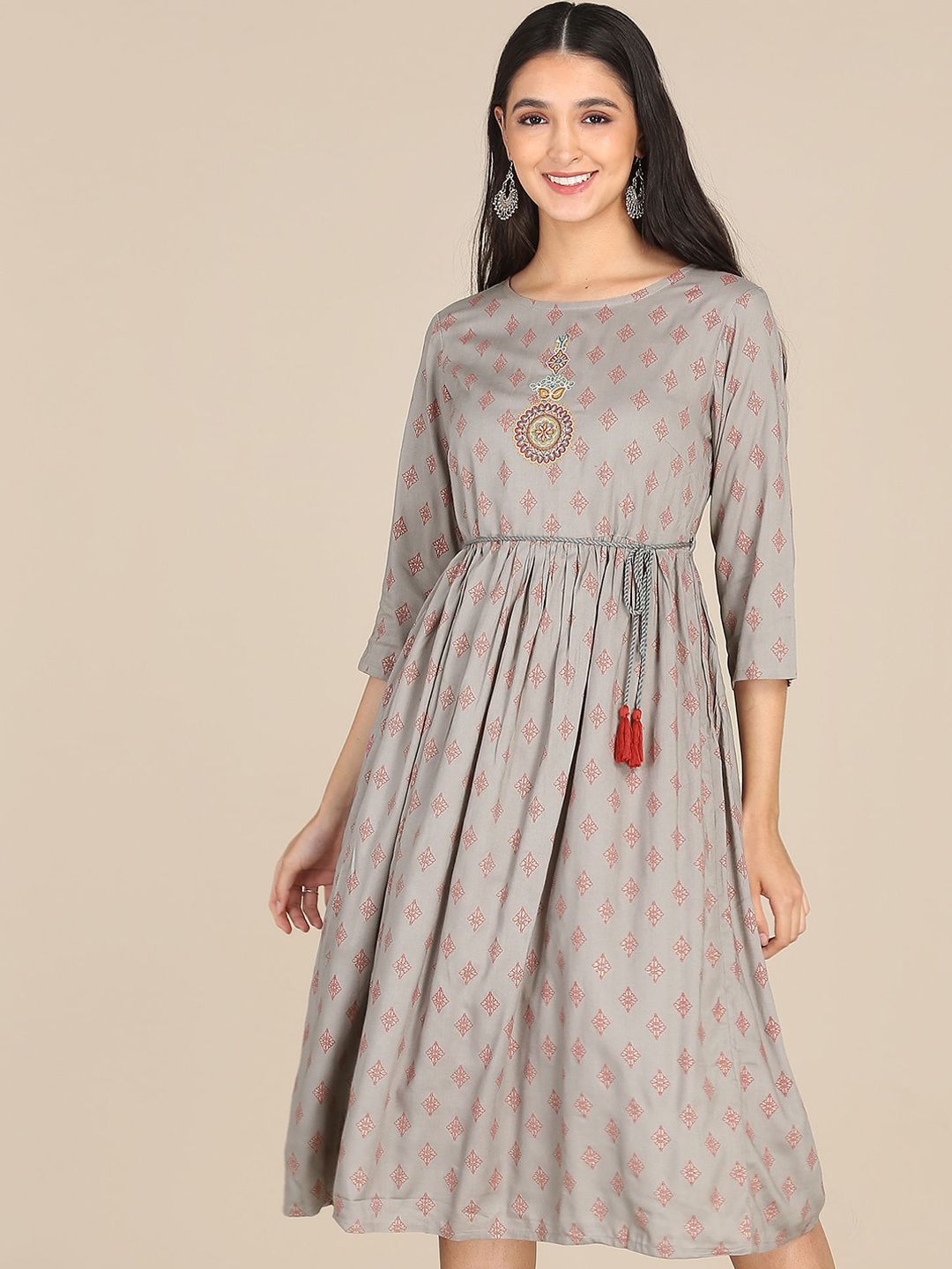 

Karigari Grey & Coral Ethnic Motifs Ethnic A-Line Midi Dress