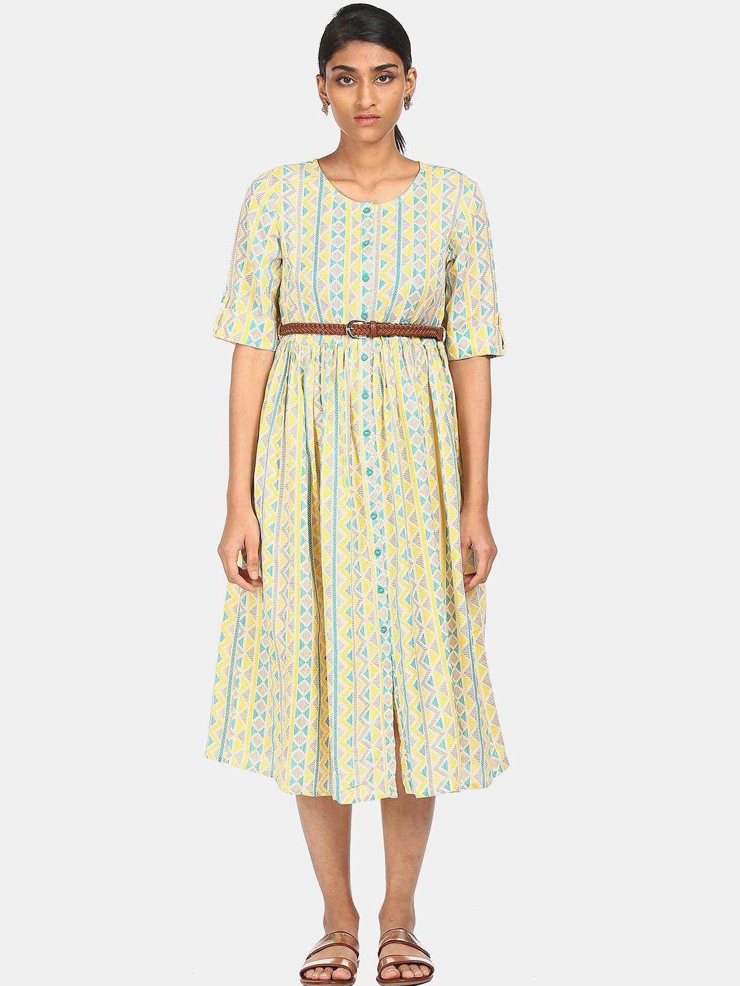 

Karigari Off White & Sea Green Geometric Printed Fit & Flare Midi Dress