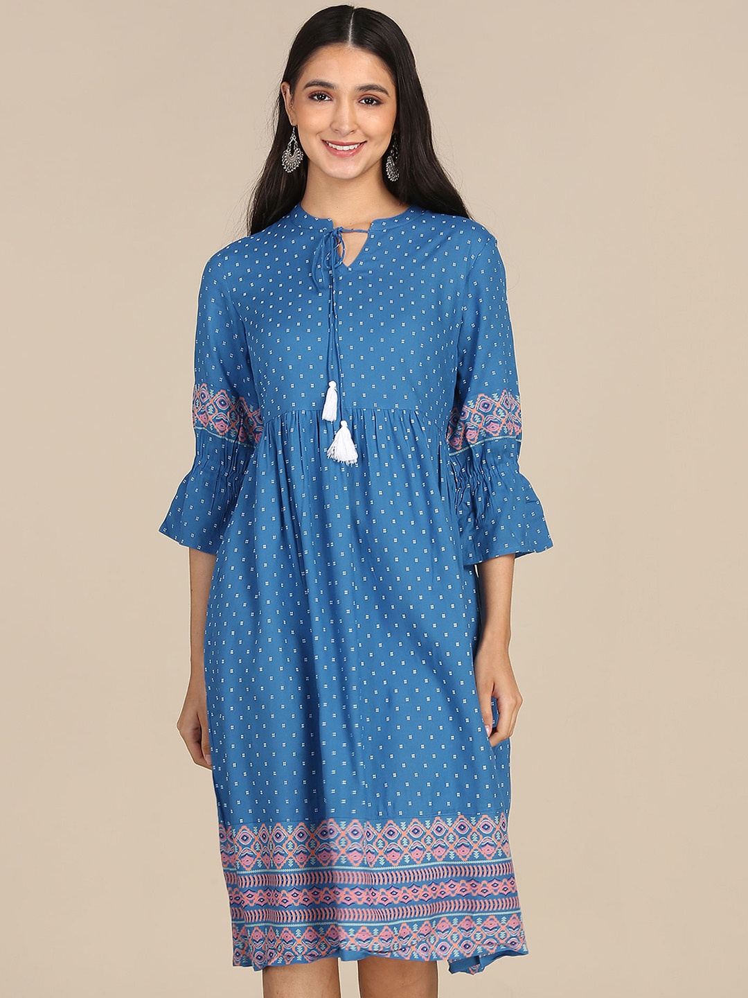 

Karigari Blue Ethnic Motifs Tie-Up Neck Midi Dress