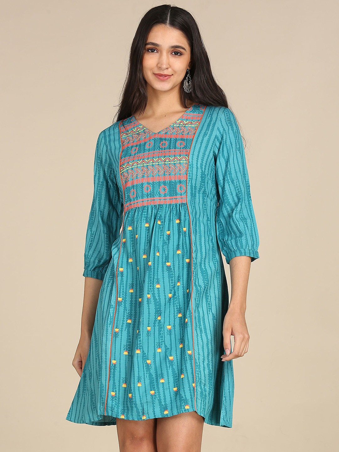 

Karigari Blue Floral Printed A-Line Dress