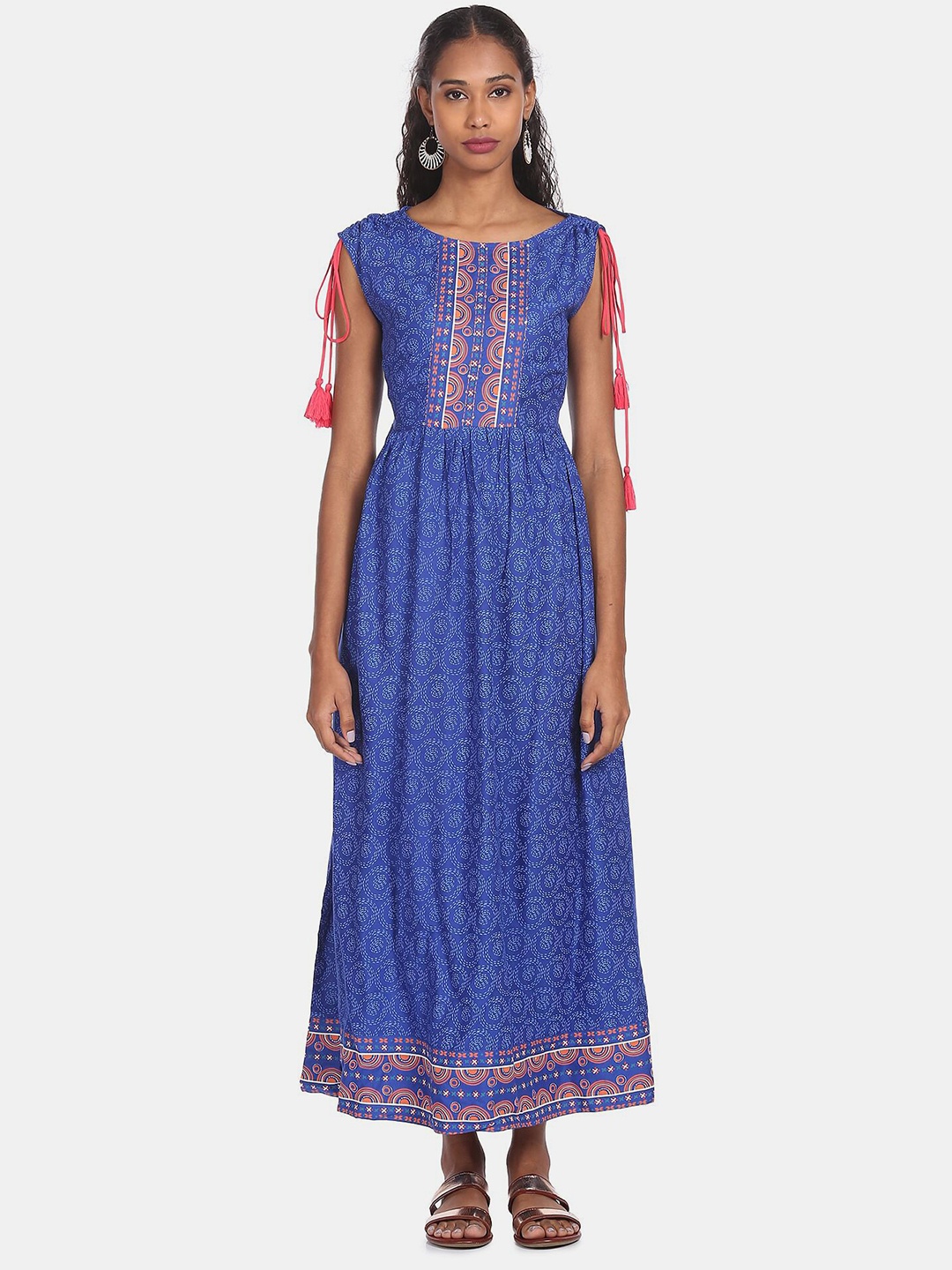 

Karigari Blue & Peach-Coloured Ethnic Motifs Ethnic A-Line Maxi Dress