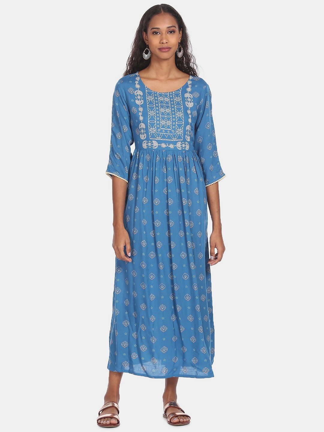 

Karigari Blue & Off White Ethnic Motifs Printed Maxi Dress