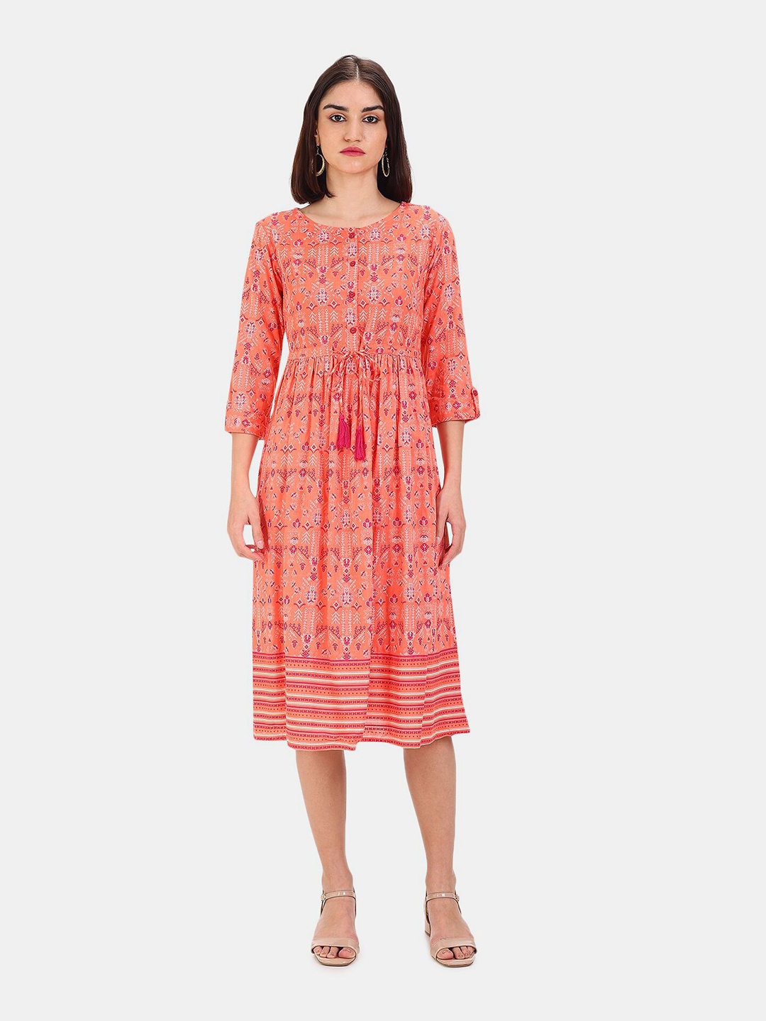 

Karigari Coral & Pink Floral Printed Dress