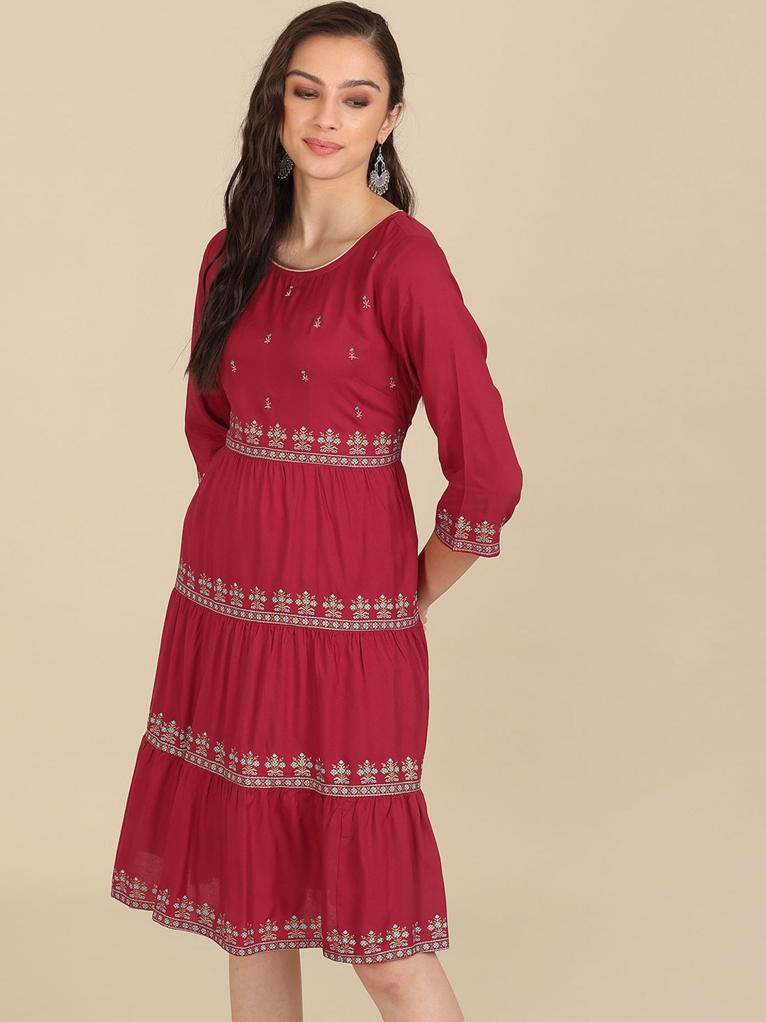 

Karigari Maroon & Blue Floral Printed Dress