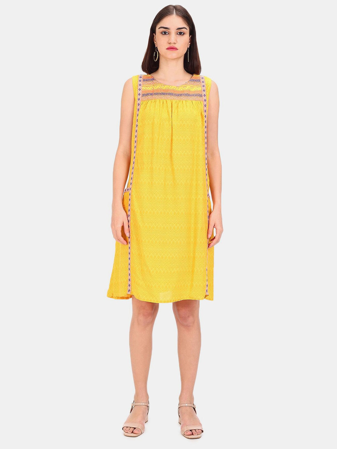 

Karigari Yellow Printed A-Line Dress