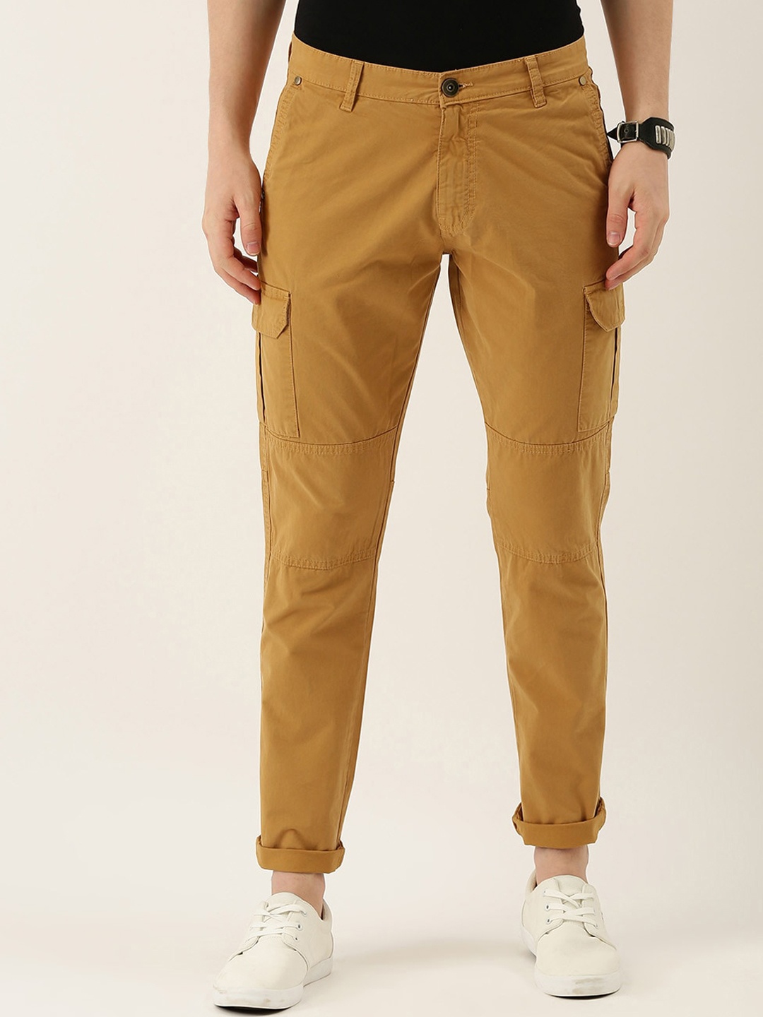 

IVOC Men Khaki Smart Slim Fit Overdyed Pure Cotton Cargos Trousers