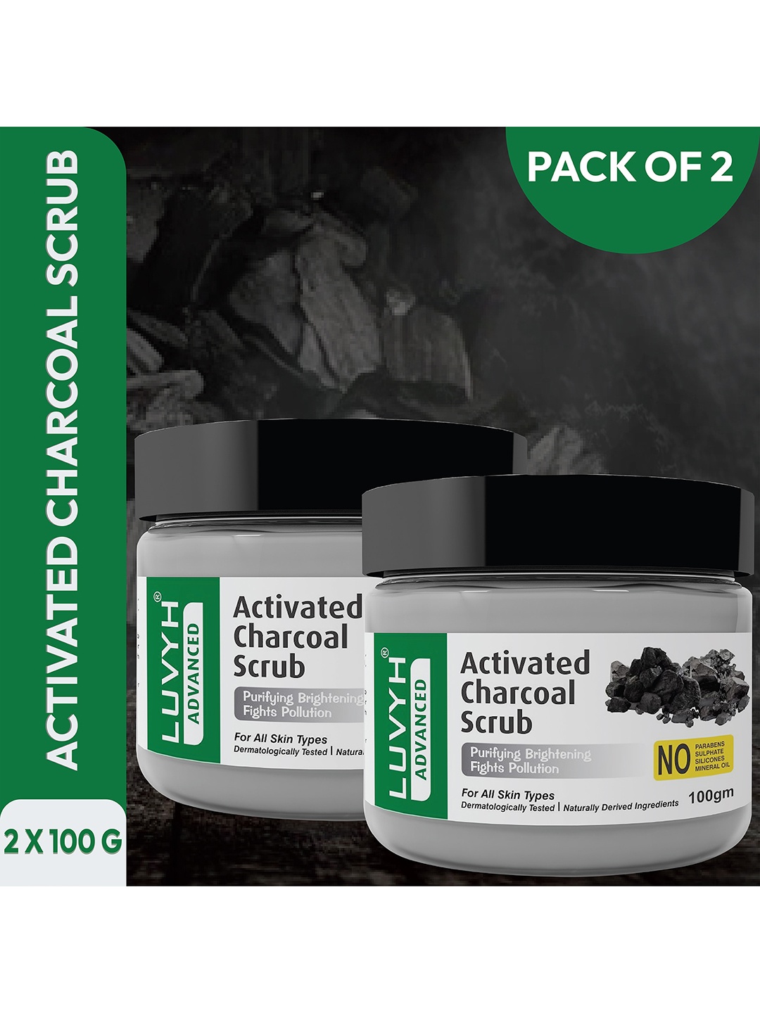 

LUVYH Advanced Set of 2 Activated Charcoal Scrub for All Skin Types - 100 g Each, Grey