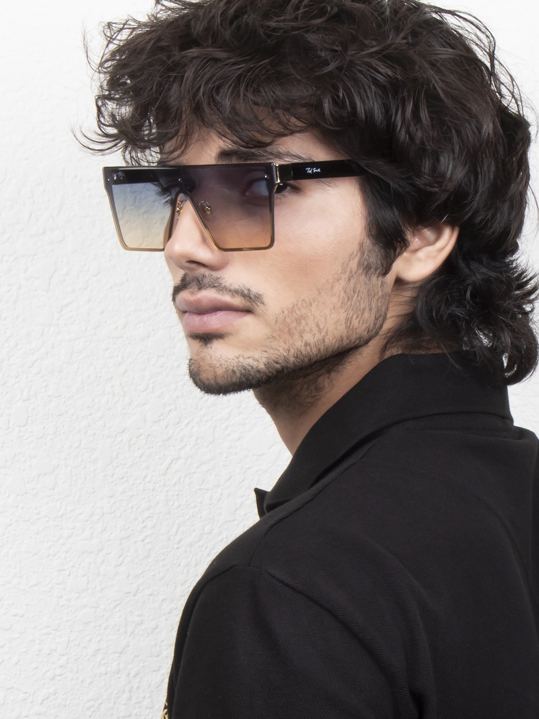 

Ted Smith Unisex Blue Lens & Gold-Toned Shield Sunglasses with UV Protected Lens