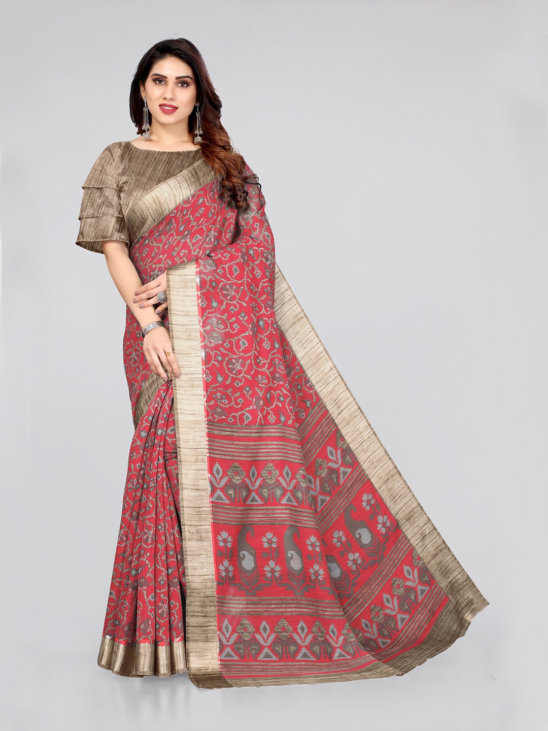 

KALINI Red & Grey Floral Bagh Saree