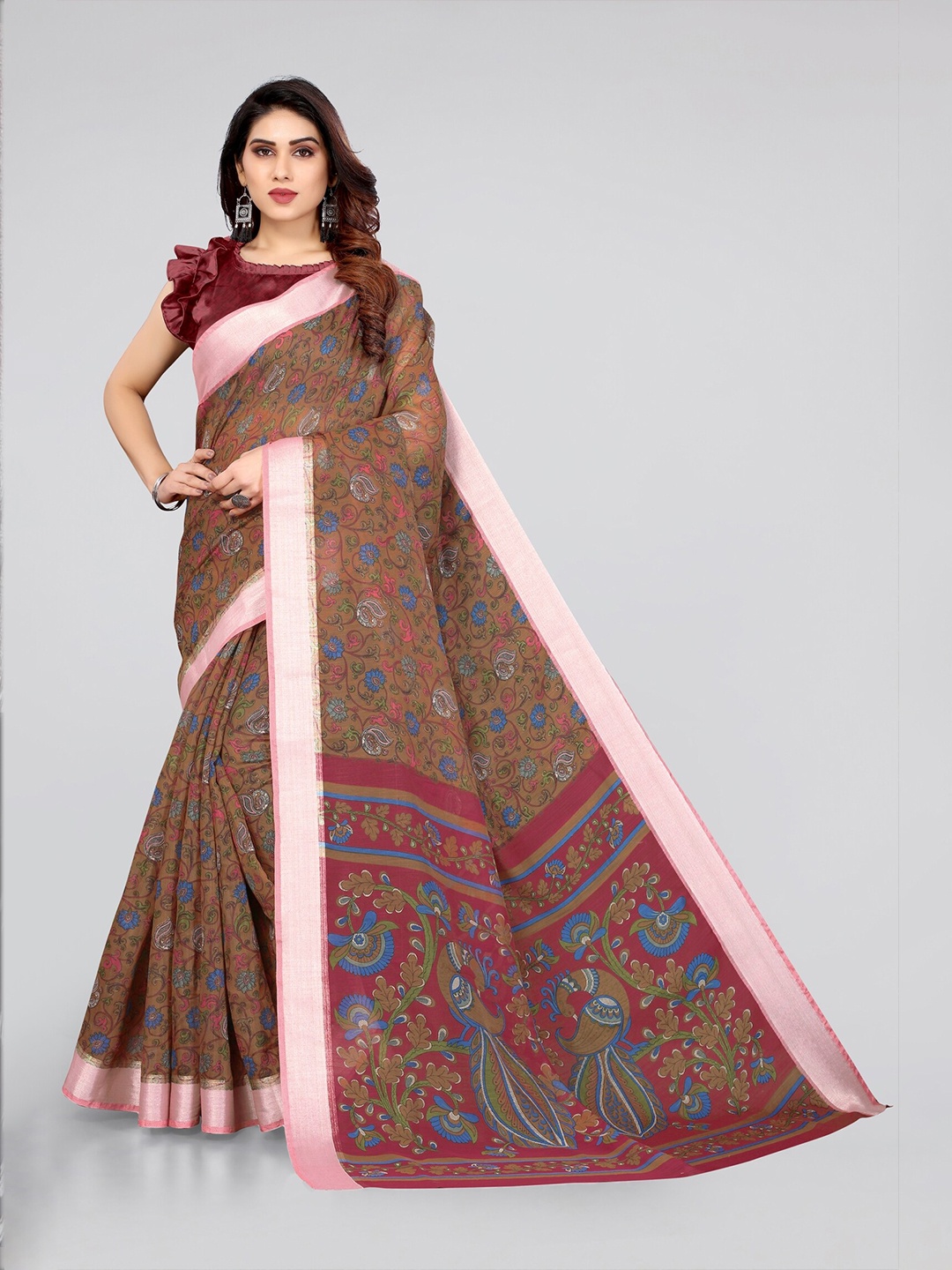 

KALINI Brown & Blue Floral Bagh Saree