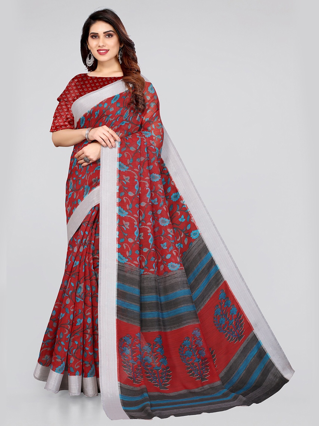 

KALINI Red & Blue Floral Printed Zari Saree