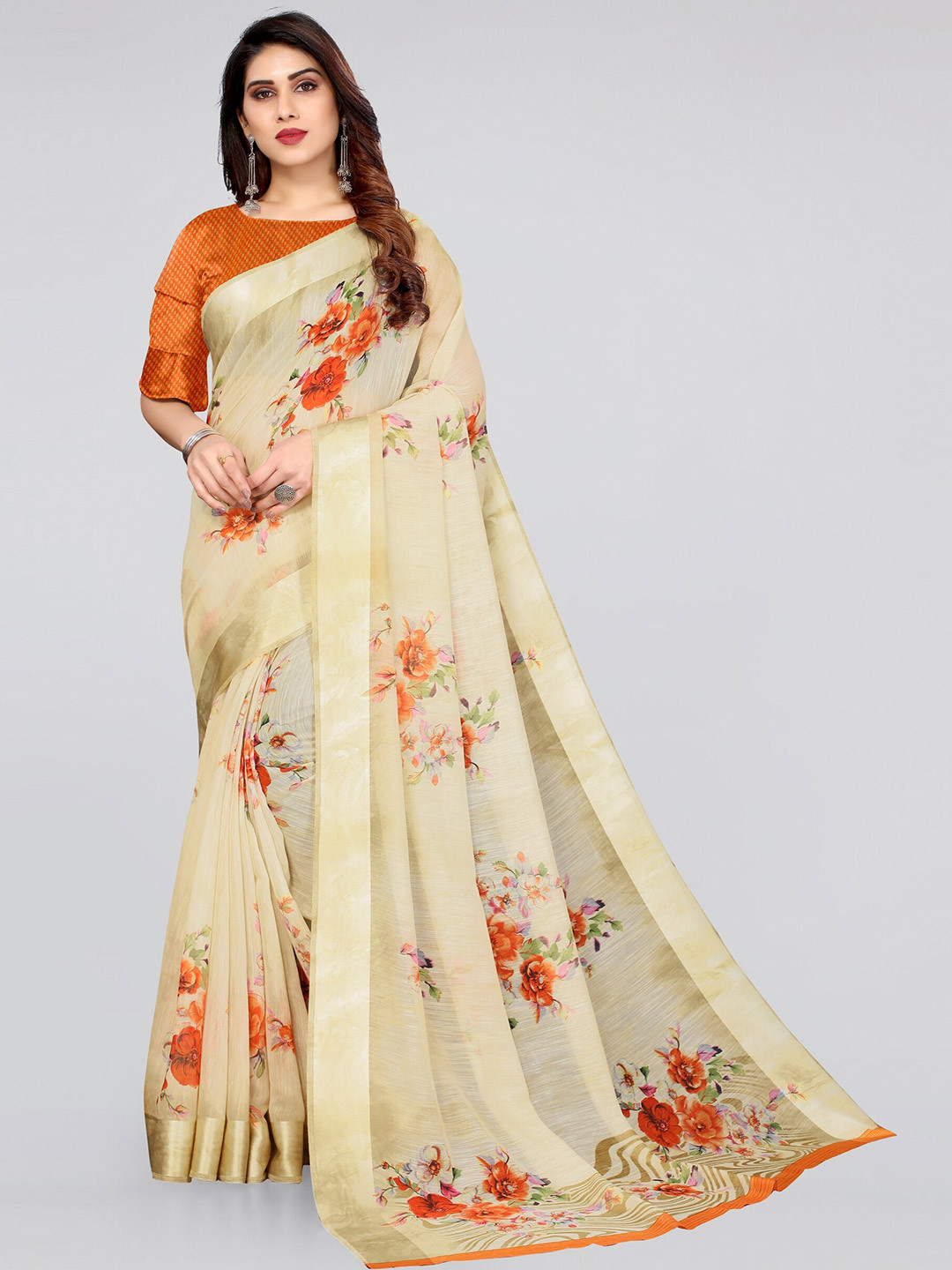 

KALINI Beige & Orange Floral Printed Bagh Saree