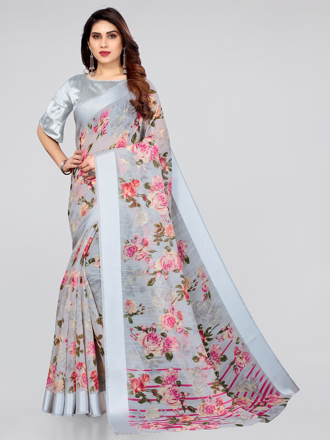 

KALINI Grey & Silver-Toned Floral Printed Bagh Saree