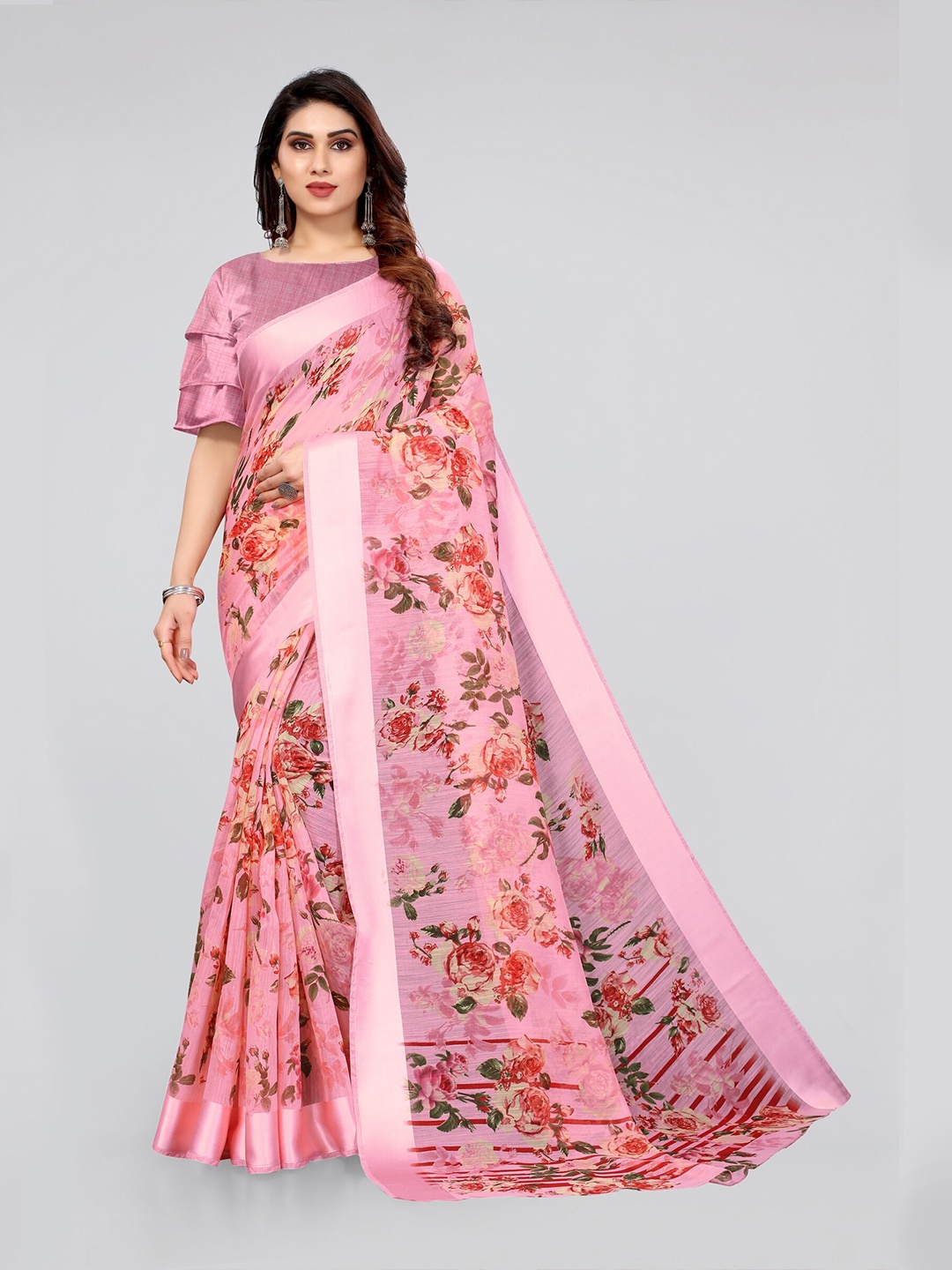 

KALINI Pink & Red Floral Bagh Saree