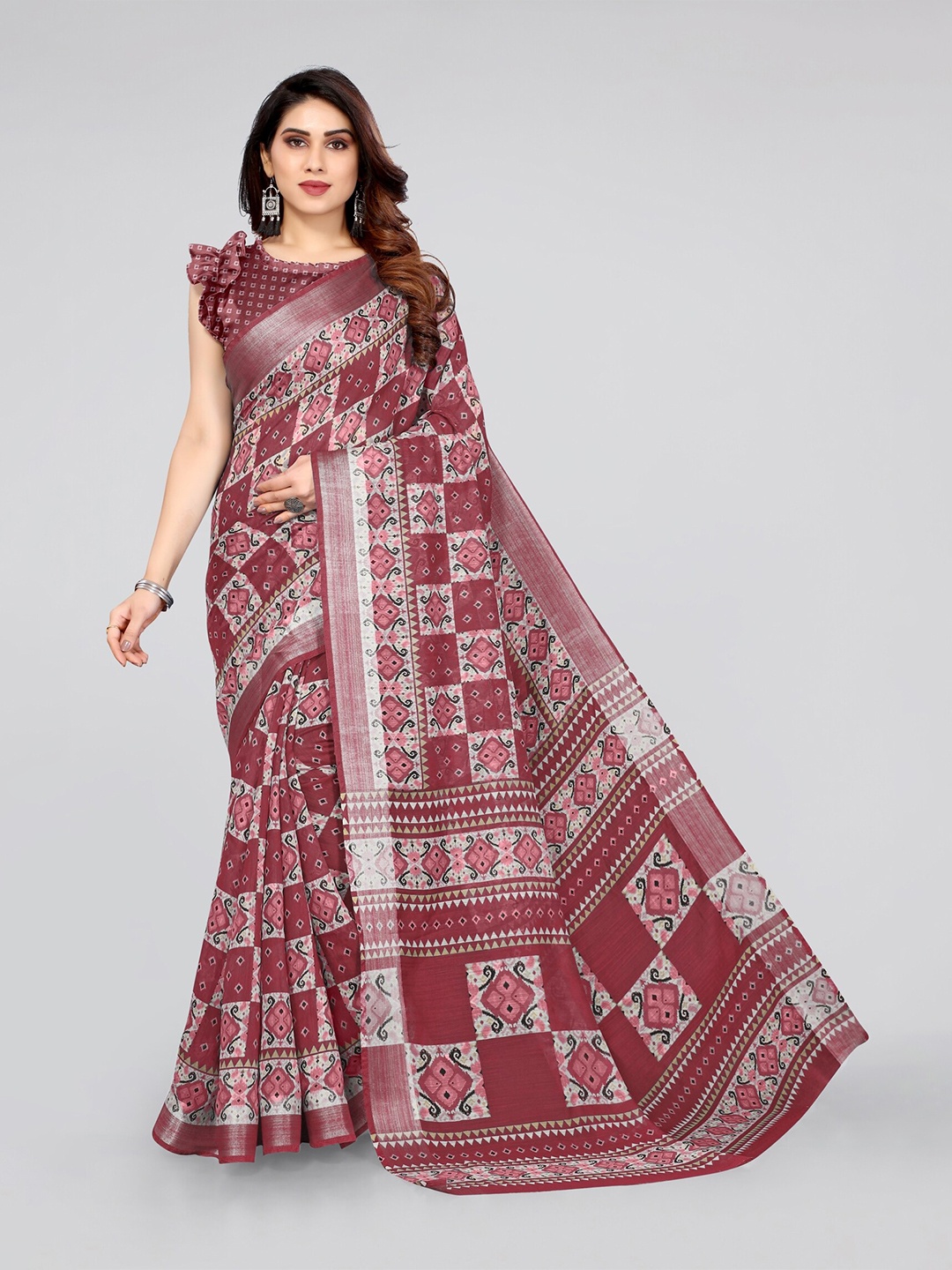 

KALINI Maroon & Beige Ethnic Motifs Zari Saree