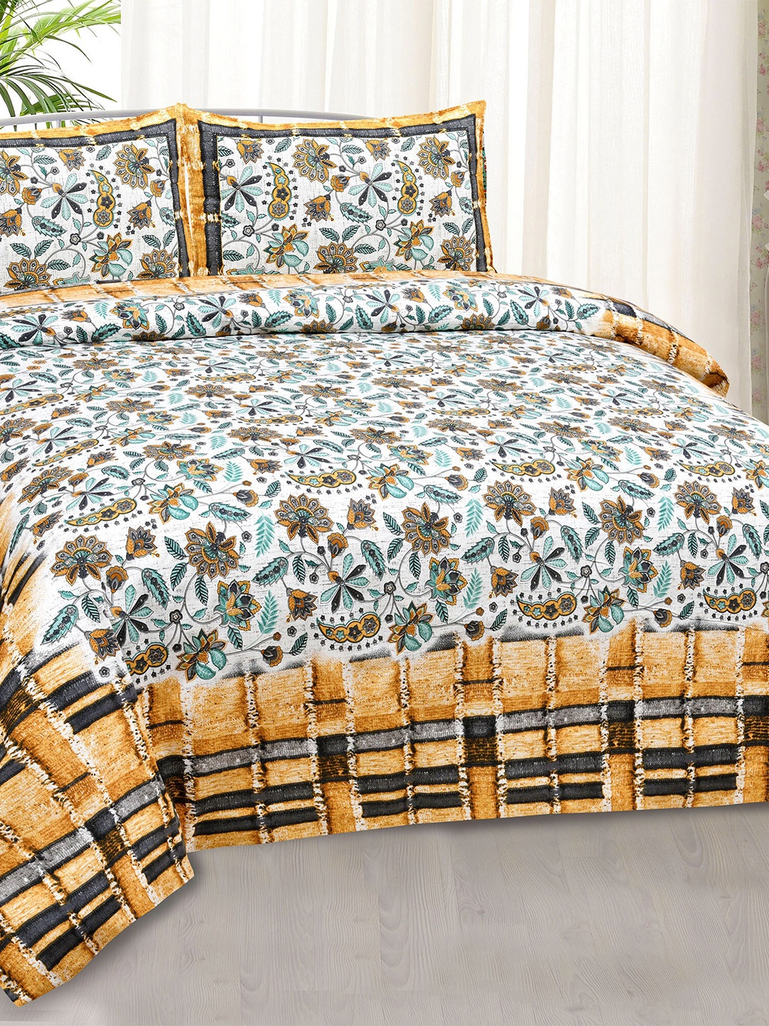 

JAIPUR FABRIC Yellow & Teal Floral King Bedsheet with 2 Pillow Covers