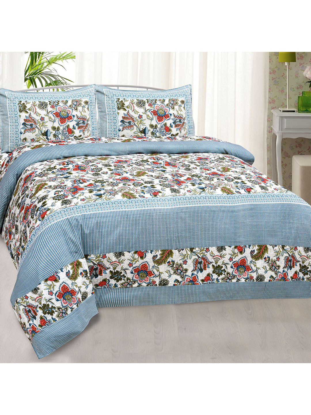 

JAIPUR FABRIC Blue Floral Printed 240 TC Pure Cotton 1 King Bedsheet with 2 Pillow Covers