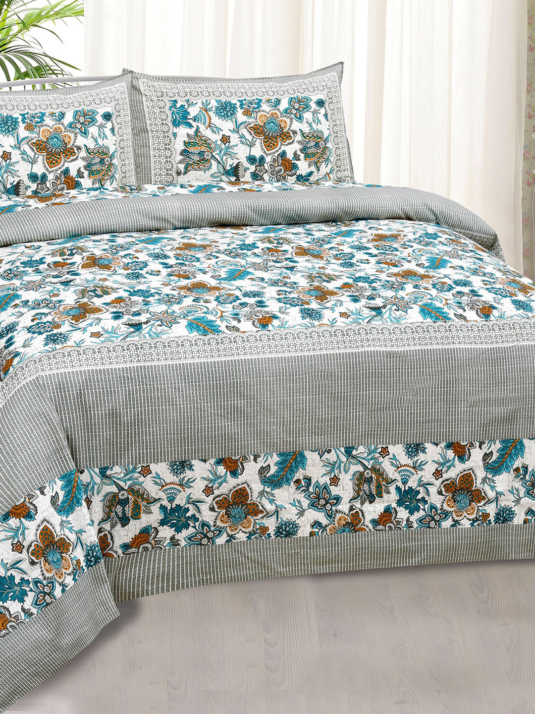 

JAIPUR FABRIC Grey & Blue Floral King Bedsheet with 2 Pillow Covers