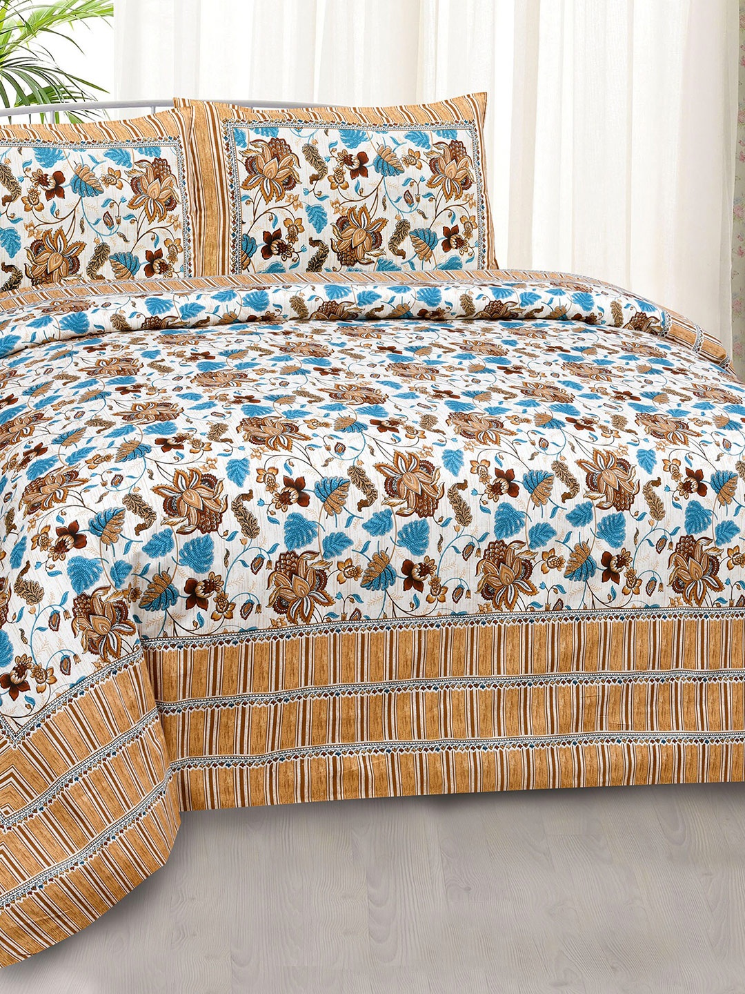 

JAIPUR FABRIC Brown & White Floral 240 TC King Bedsheet with 2 Pillow Covers