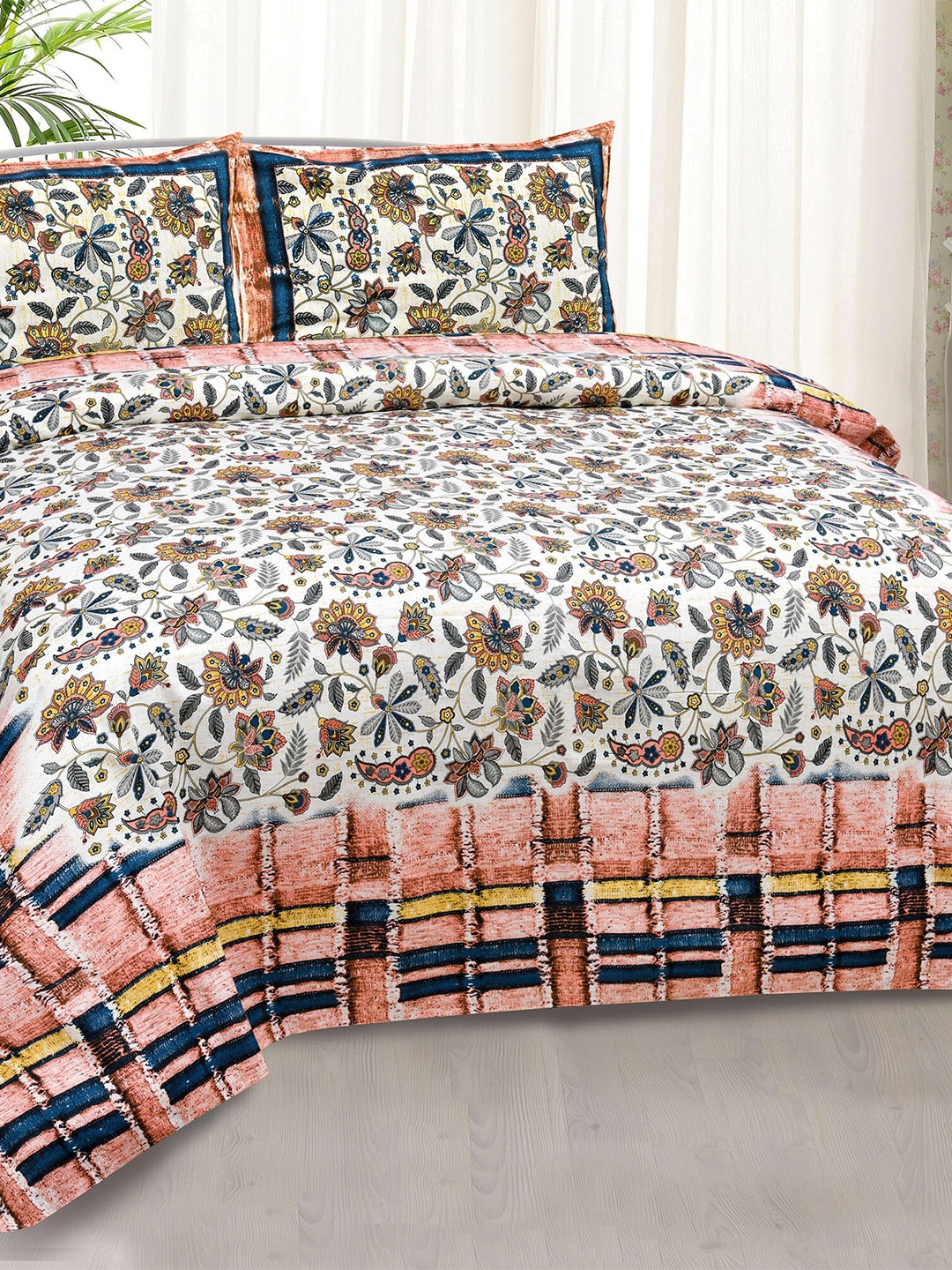 

JAIPUR FABRIC Brown & White Floral Printed Cotton King Bedsheet With 2 Pillow Covers