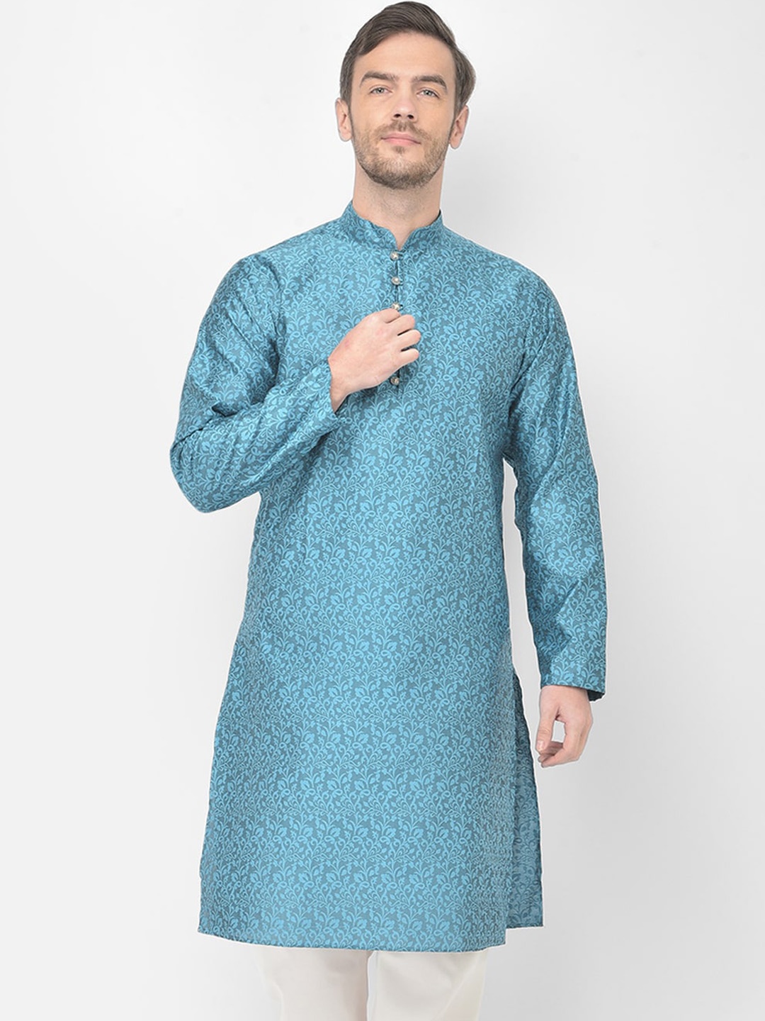 

SG LEMAN Men Turquoise Blue Floral Printed Straight Jacquard Kurta